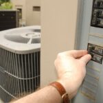 Hand turning off an outdoor circuit breaker next to a central air conditioner compressor.