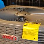 A Lennox air conditioning unit with a yellow EnergyGuide label.