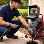 plumber feeding camera into sewer pipe