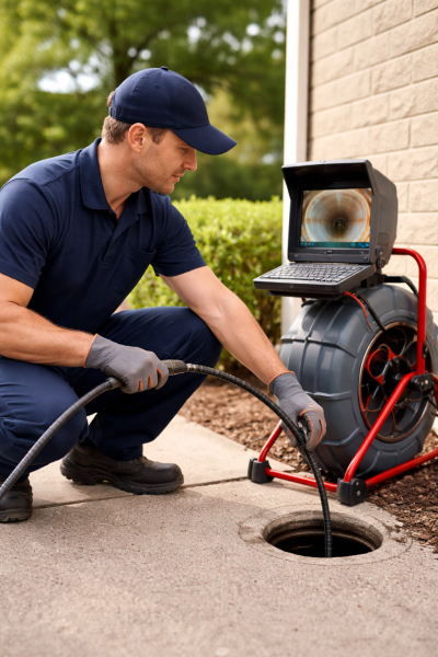 plumber feeding camera into sewer pipe