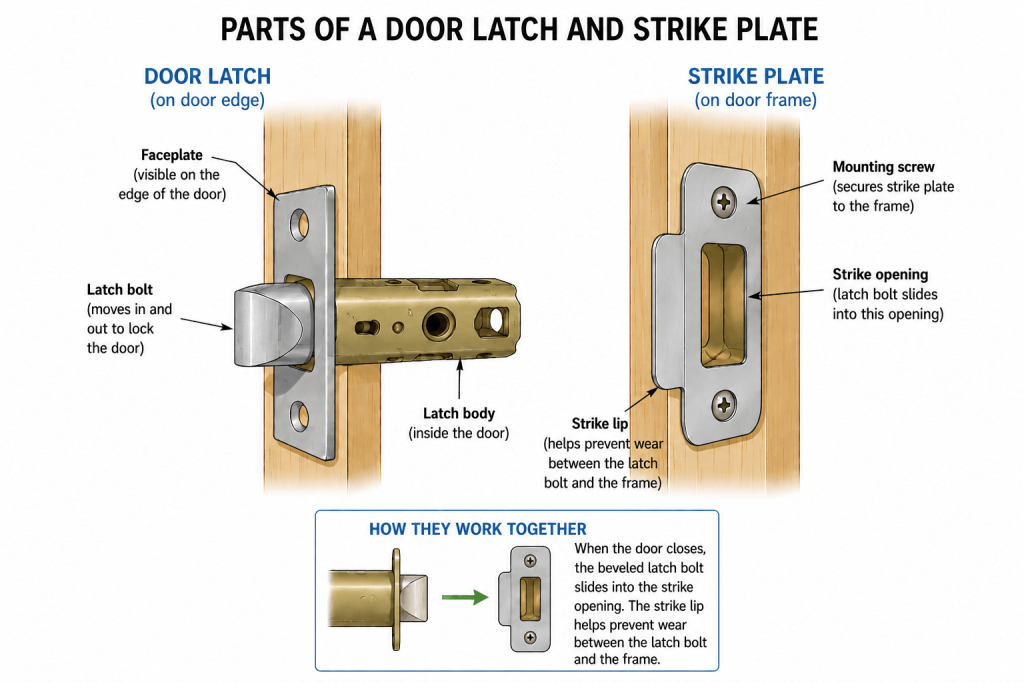 Labeled diagram showing the parts of a door latch and strike plate and how the latch bolt engages the strike opening.