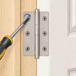 Phillips screwdriver tightening a loose screw on the jamb side of a residential door hinge.