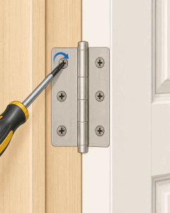 Phillips screwdriver tightening a loose screw on the jamb side of a residential door hinge.