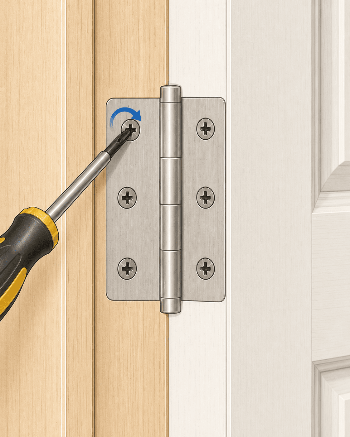Phillips screwdriver tightening a loose screw on the jamb side of a residential door hinge.
